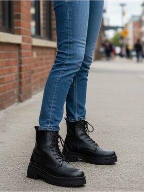 Benvenuti New Black Lace-Up Combat Boots genuine leather- Women Sz 7.5, 38